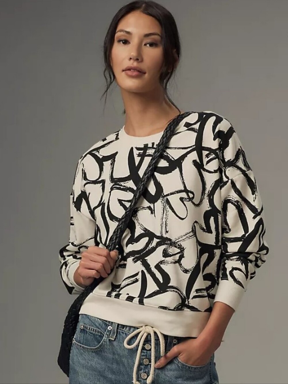 Anthropologie MAEVE Black & Ivory Heart Graphic Printed Jumper Sweatshirt Size S